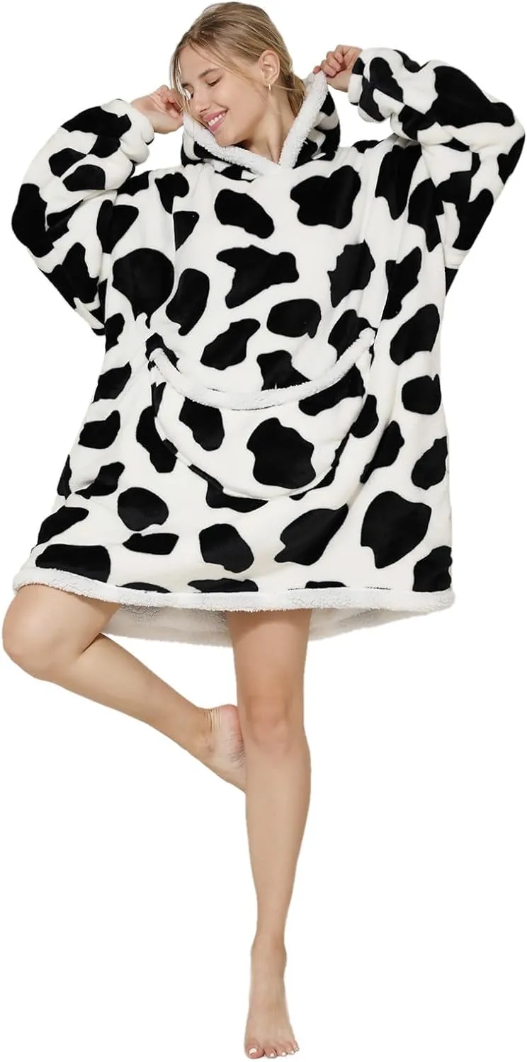 Wearable Blanket Hoodie Oversized Hooded Blanket for Adult Women Super Soft Comfortable Warm Flannel Cow