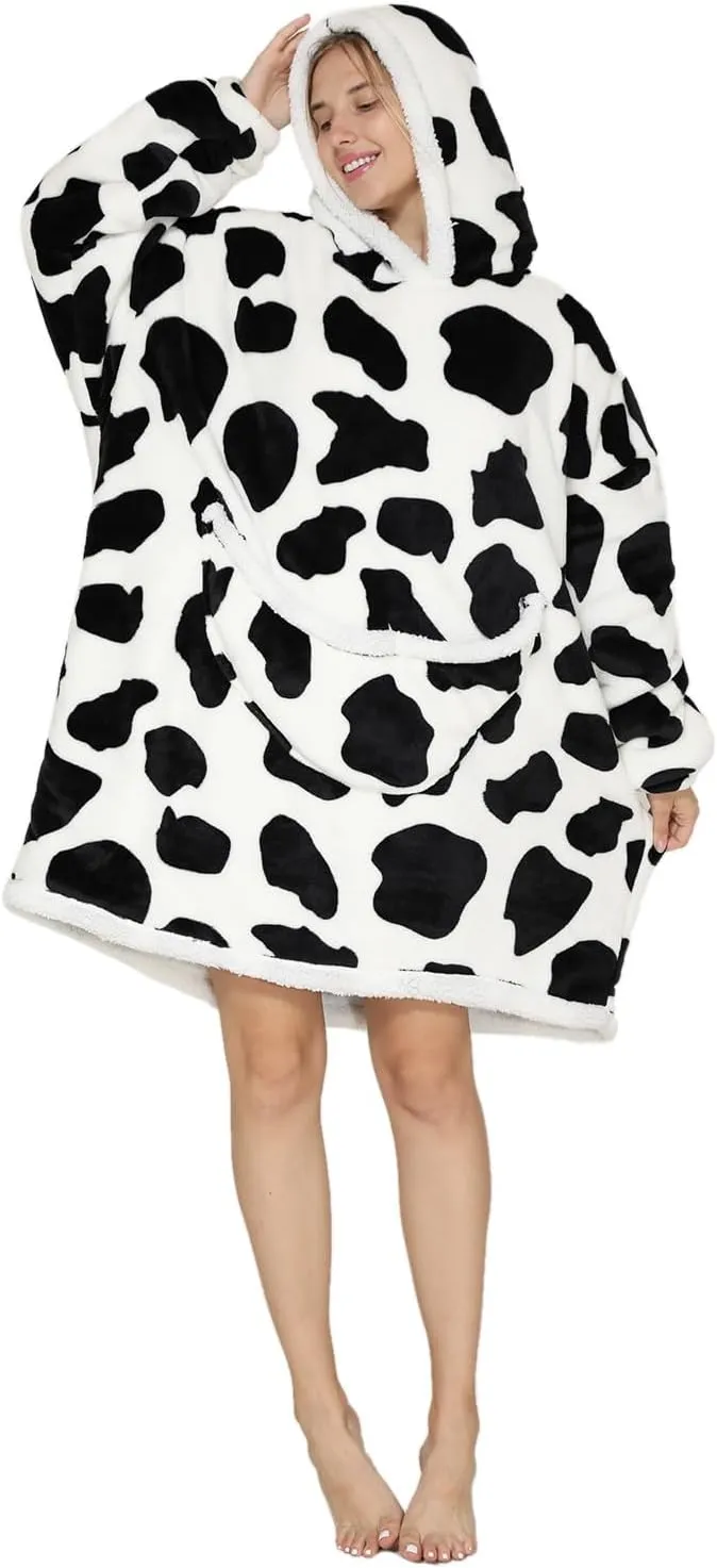 Wearable Blanket Hoodie Oversized Hooded Blanket for Adult Women Super Soft Comfortable Warm Flannel Cow