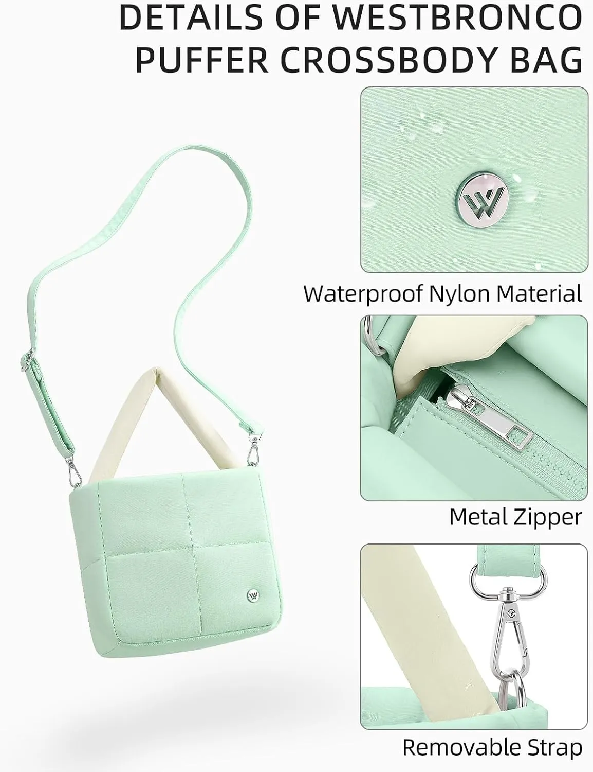 WESTBRONCO Puffer Crossbody Bags for Women, Nylon Quilted Shoulder Purse Designer Handbags with Adjustable & Detachable Strap