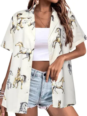 Western Button Down Shirt Women: Cowgirl Short Sleeve Boho Tops Hawaiian Tropical Graphic Tees Summer Vacation Outfit