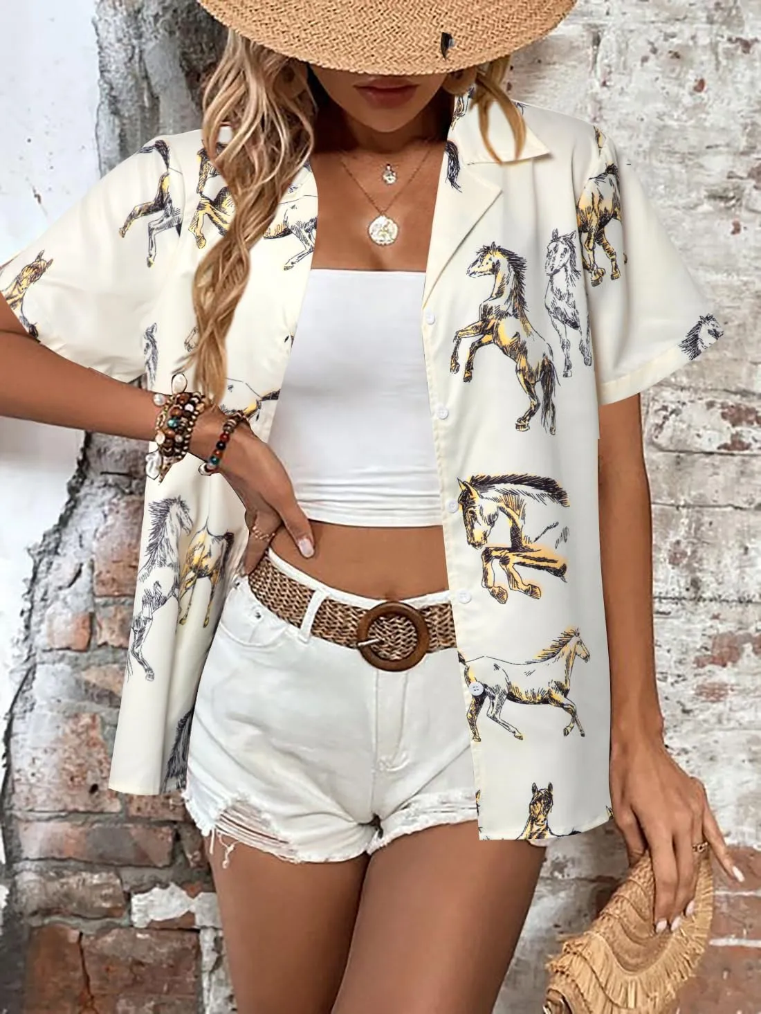 Western Button Down Shirt Women: Cowgirl Short Sleeve Boho Tops Hawaiian Tropical Graphic Tees Summer Vacation Outfit