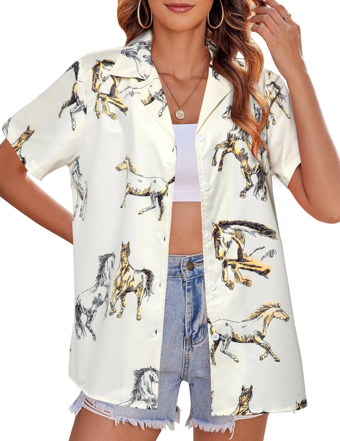 Western Button Down Shirt Women: Cowgirl Short Sleeve Boho Tops Hawaiian Tropical Graphic Tees Summer Vacation Outfit