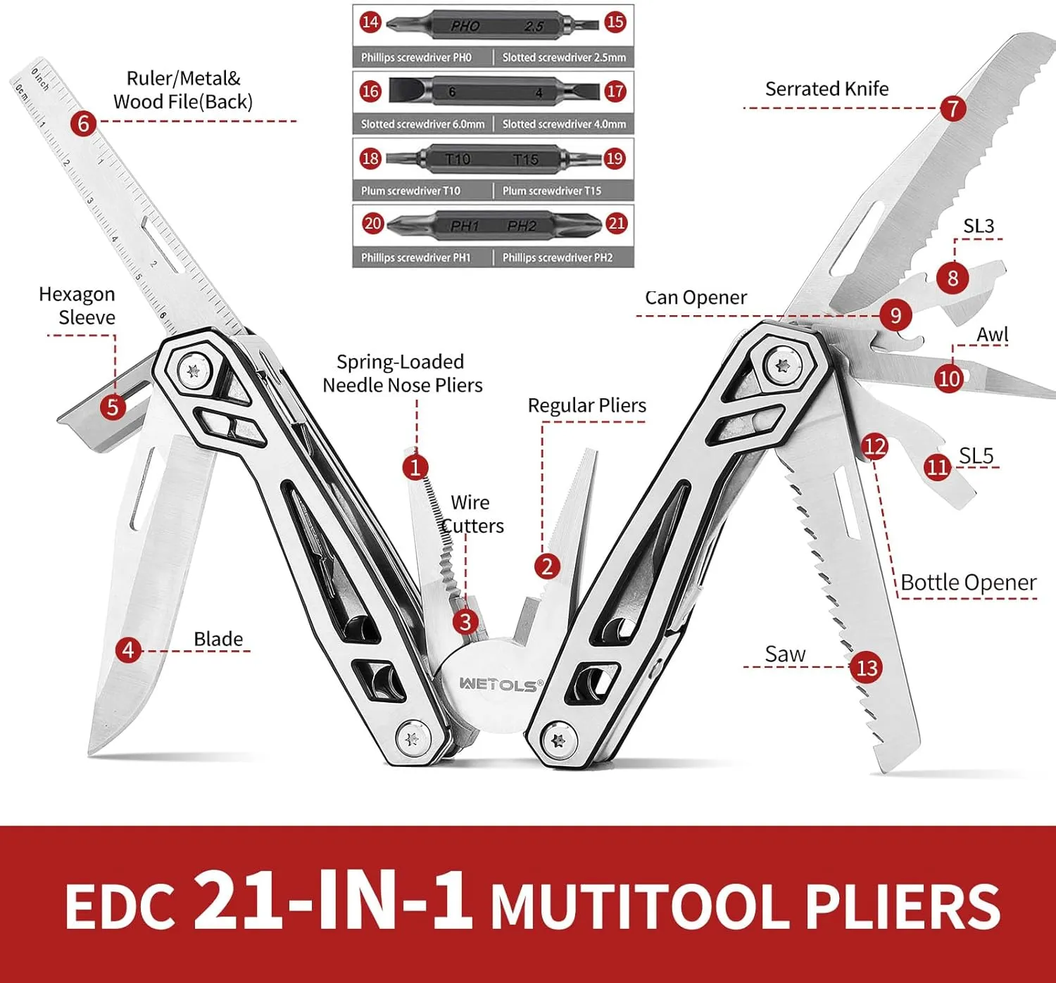 WETOLS Multitool Needle Nose Pliers,21-in-1 Stainless Steel Multi Tool Pocket Knife with Screwdriver Sleeve,Self-locking Survival Knife with EDC Pouch-Great for Outdoor, Simple Repair, Camping, Hiking