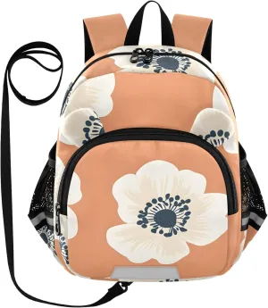 White Anemone Flowers Pattern Toddler Backpack for Girls Boys 3-6, Kids Backpack with Leash, Preschool Kindergarten School Bag Mini Backpack for School Travel