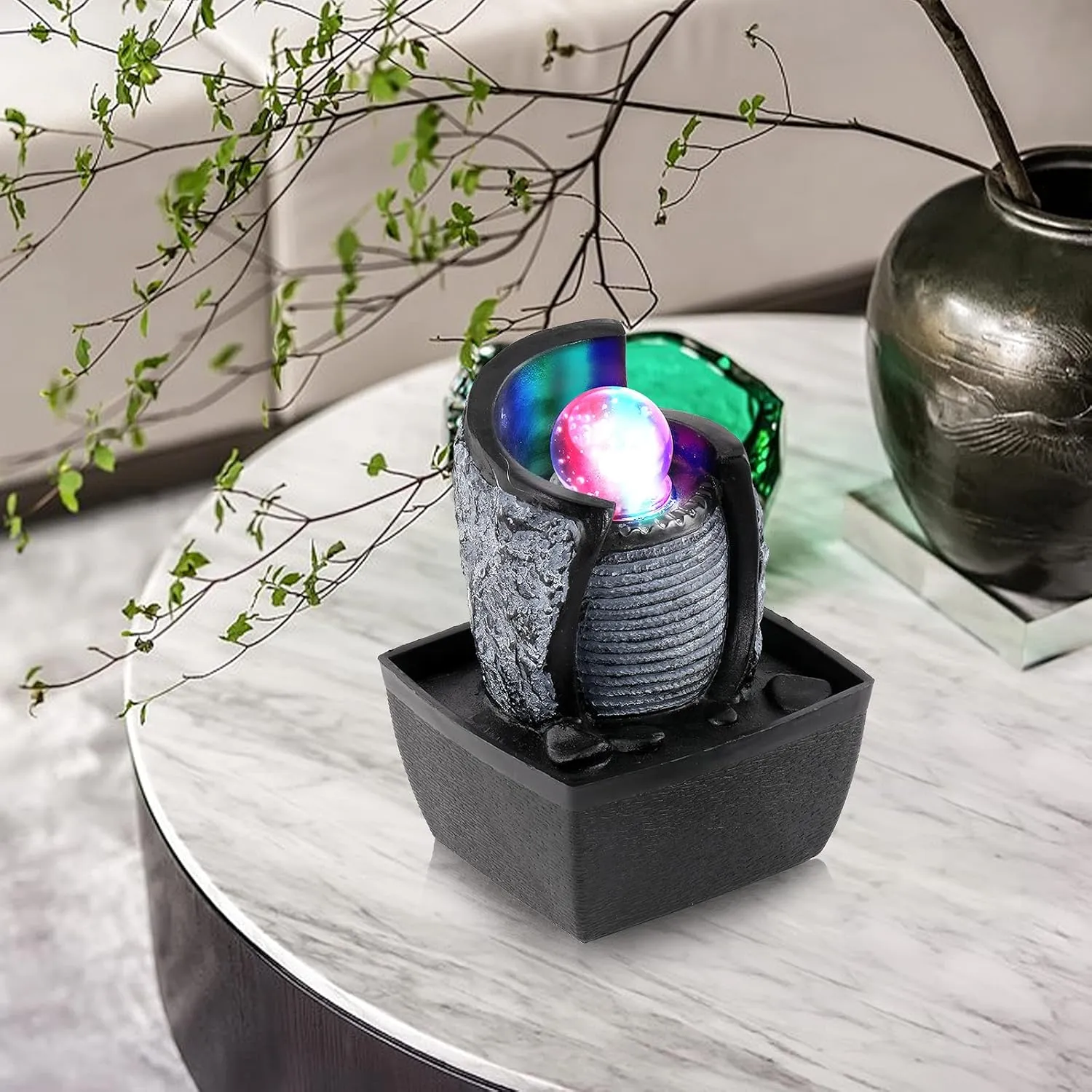 WICHEMI Indoor Fountain Tabletop Fountain Mini Waterfall Fountains Relaxation Water Feature Feng Shui Zen Meditation Desktop Fountain with Rolling Ball for Home Office Indoor Spaces Decor (Style 3)