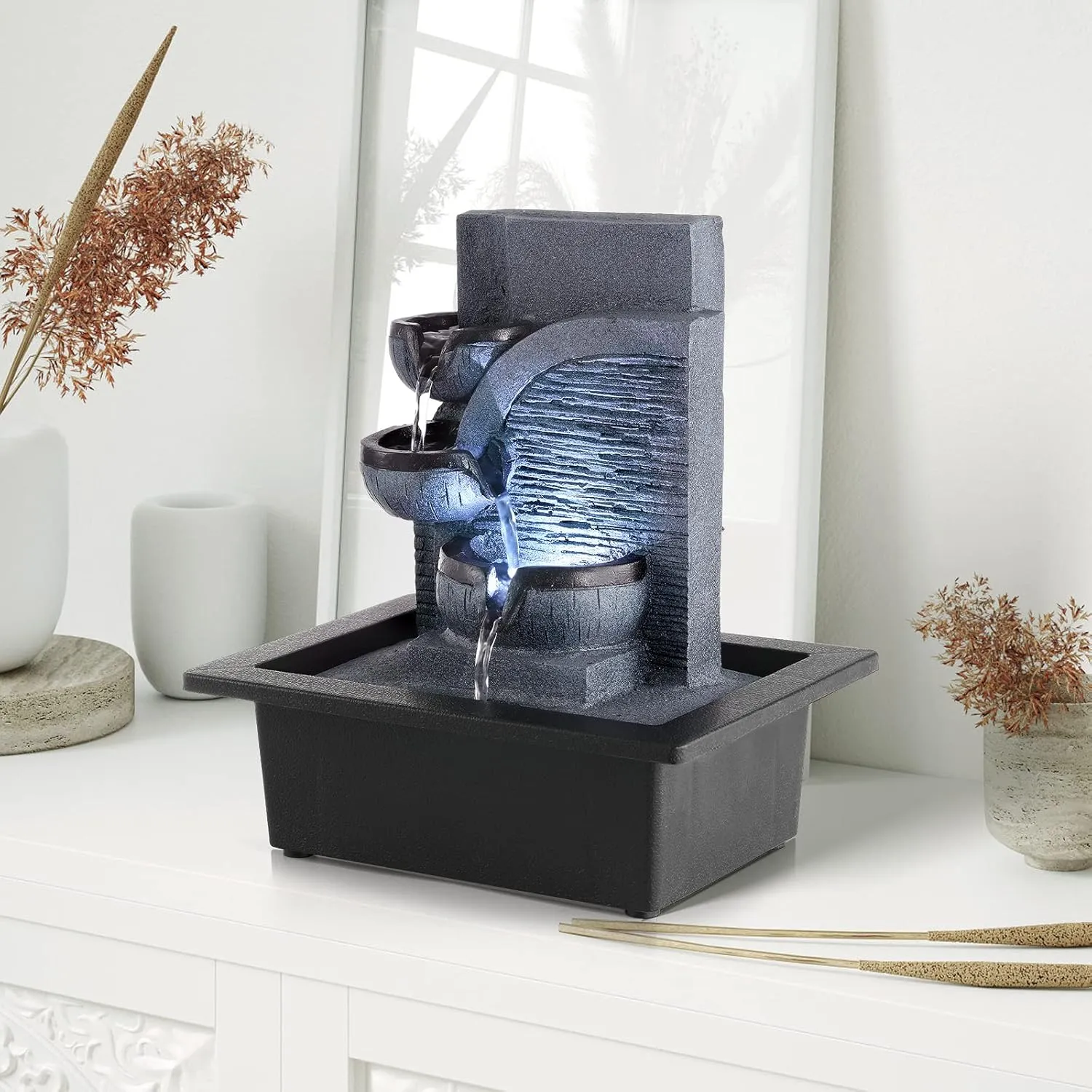 WICHEMI Water Fountains Indoor Waterfall Fountain Tabletop Fountain with LED Light Water Feature Indoor Zen Meditation for Home and Office Indoor Spaces Decor (Style 6)