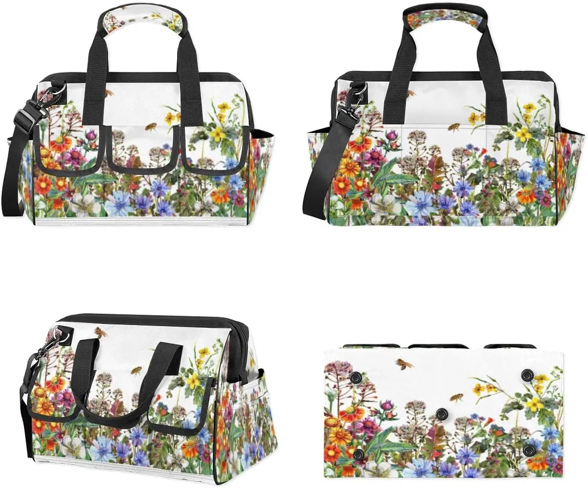 Wildflowers Floral Tool Bag for Men Women Multi-Pockets Wide Mouth Tool Storage Bags 14.8 Inch Waterproof Heavy Duty Tool Bag Organizer for Electrician Mechanic Plumbers Handymen