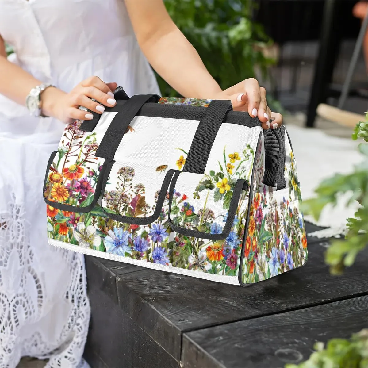 Wildflowers Floral Tool Bag for Men Women Multi-Pockets Wide Mouth Tool Storage Bags 14.8 Inch Waterproof Heavy Duty Tool Bag Organizer for Electrician Mechanic Plumbers Handymen