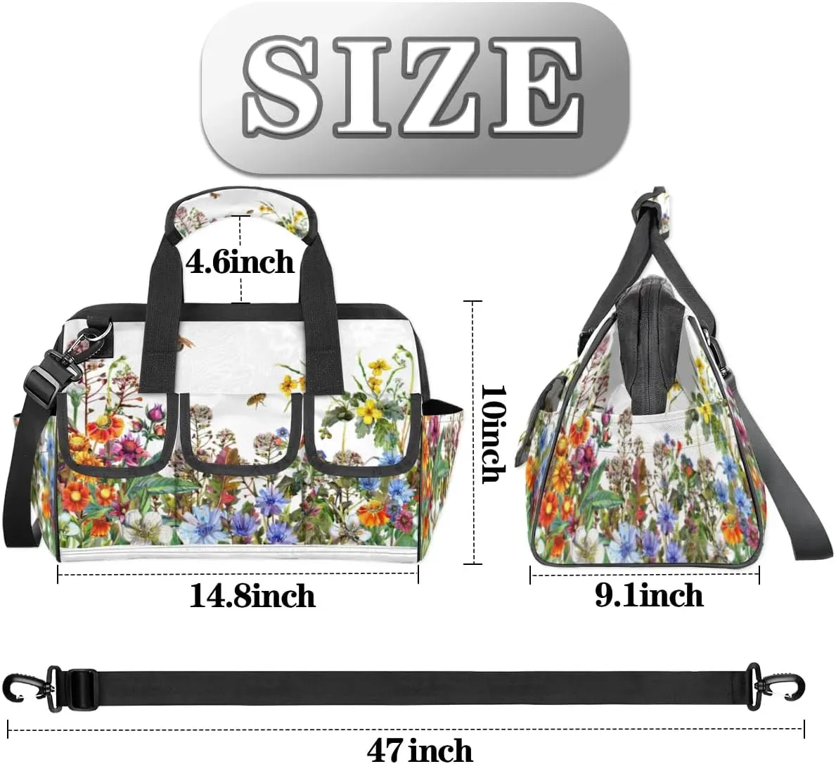 Wildflowers Floral Tool Bag for Men Women Multi-Pockets Wide Mouth Tool Storage Bags 14.8 Inch Waterproof Heavy Duty Tool Bag Organizer for Electrician Mechanic Plumbers Handymen