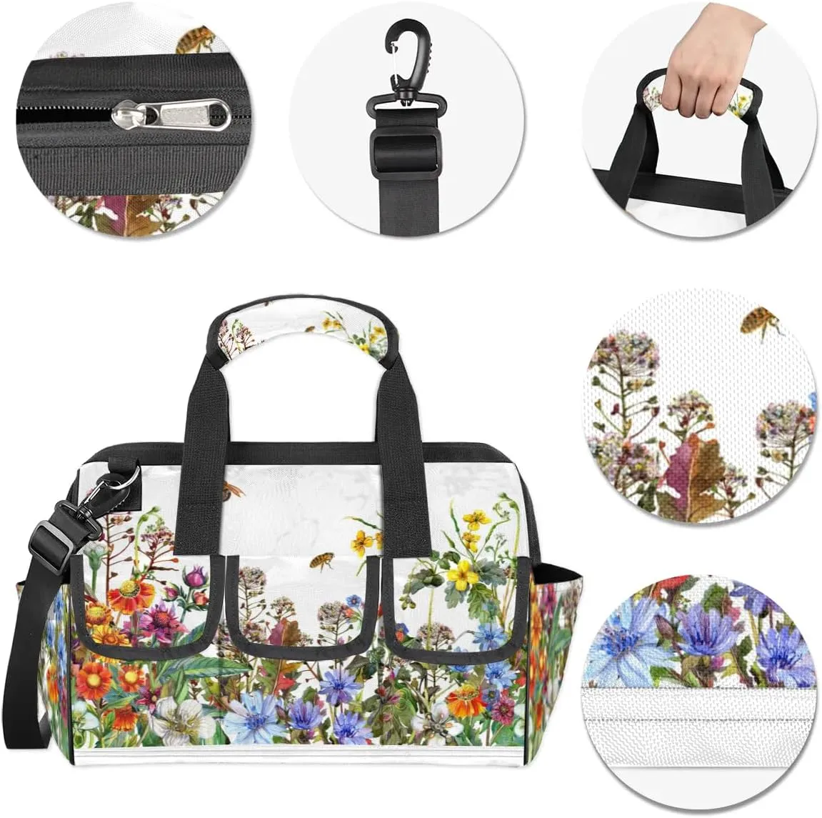 Wildflowers Floral Tool Bag for Men Women Multi-Pockets Wide Mouth Tool Storage Bags 14.8 Inch Waterproof Heavy Duty Tool Bag Organizer for Electrician Mechanic Plumbers Handymen