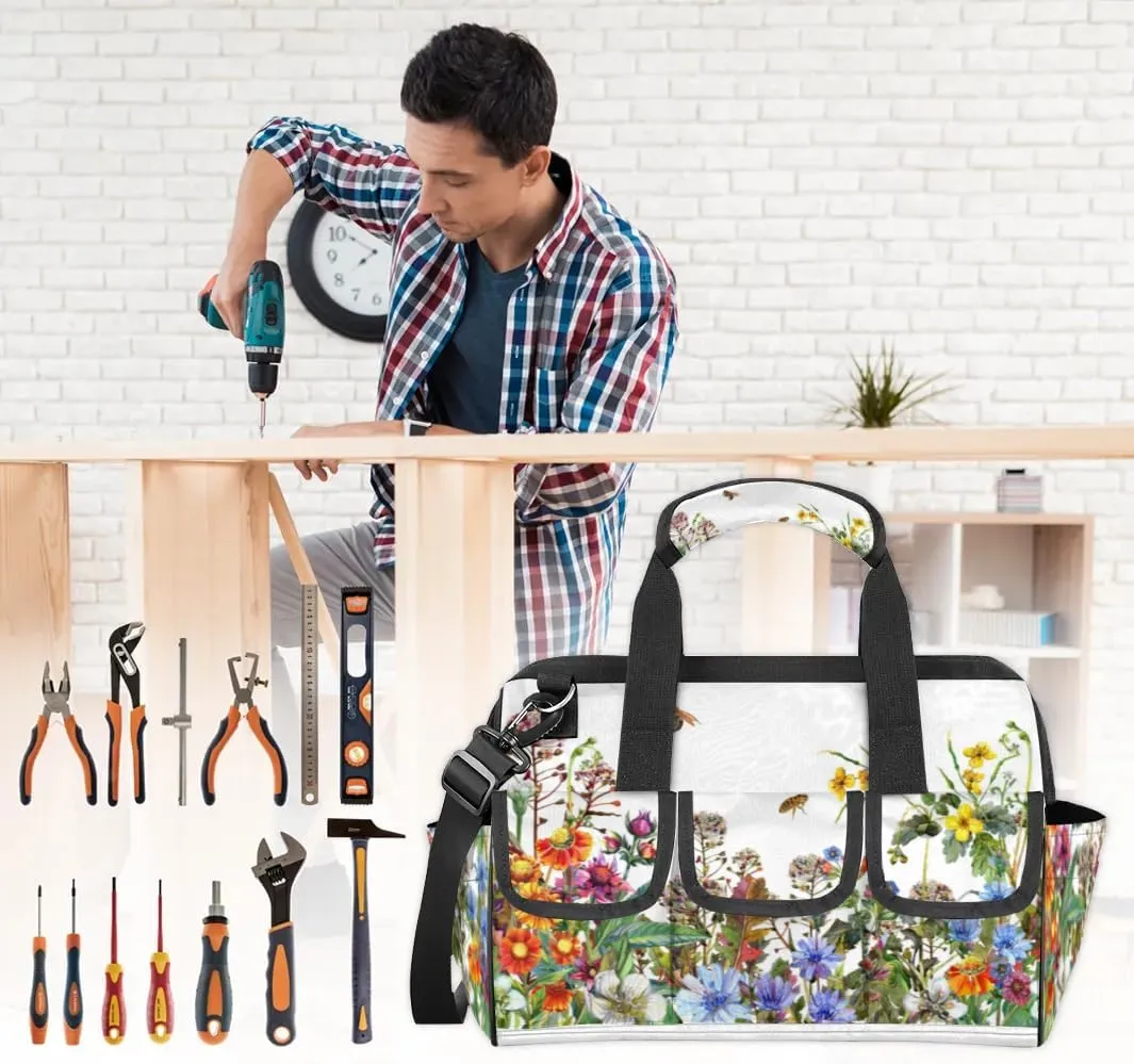 Wildflowers Floral Tool Bag for Men Women Multi-Pockets Wide Mouth Tool Storage Bags 14.8 Inch Waterproof Heavy Duty Tool Bag Organizer for Electrician Mechanic Plumbers Handymen