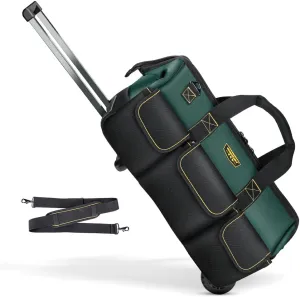 WINNHUNT 22inch Rolling Tool Bag, with Adjustable Telescopic Handle Tool Bag with Wheels 15 Pockets Green/Black, Suitable for Tool Organization