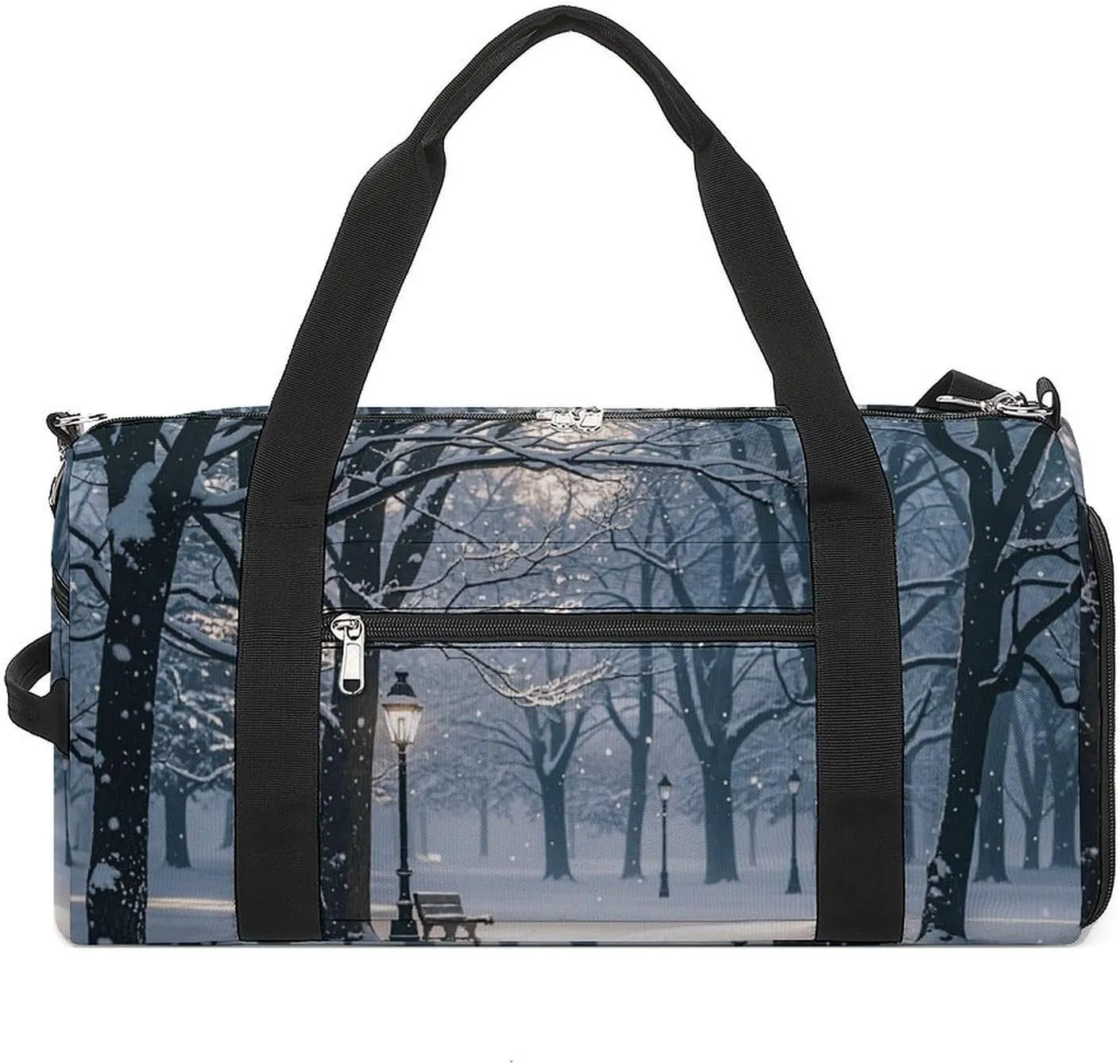 Winter Snow Falling in The Park Barrel Gym Bags for Men And Women, Duffle Bag for Travel Sports Bag Camping Weekend Carry on Overnight Duffel Bag with Shoulder Strap
