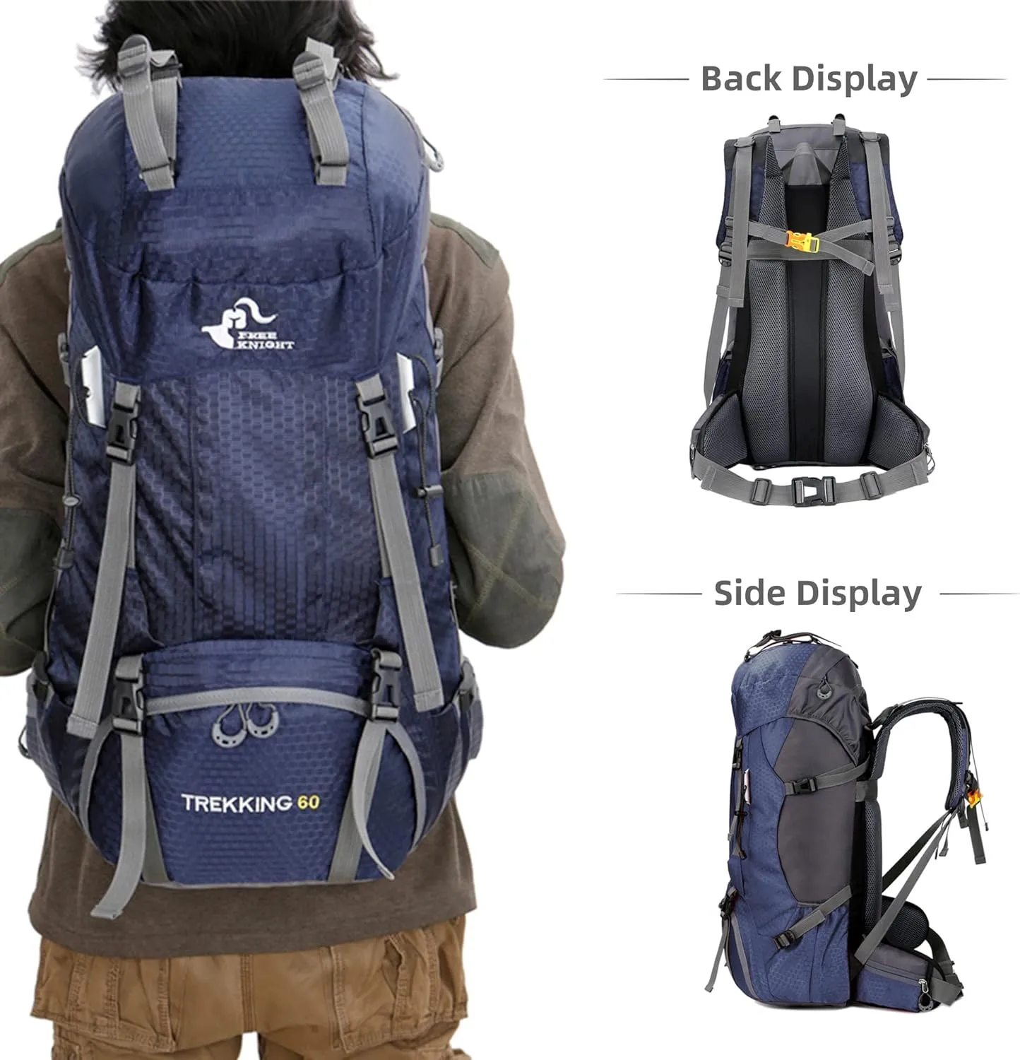 WIYPRQZ 60L Waterproof Hiking Camping Backpack with Rain Cover Camping Travel Bag for Climbing Fishing Men Women (Navy Blue)