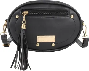 Women Girls Leather Fanny Pack Glitter Rhinestone Tassel Crossbody Shoulder Bag Rivet Chest Bag Fashion Waist Bag (7622 Black)