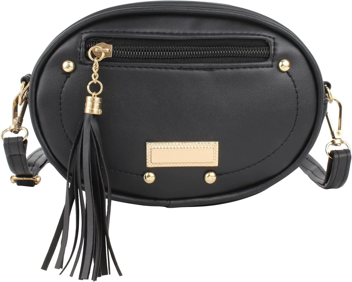 Women Girls Leather Fanny Pack Glitter Rhinestone Tassel Crossbody Shoulder Bag Rivet Chest Bag Fashion Waist Bag (7622 Black)