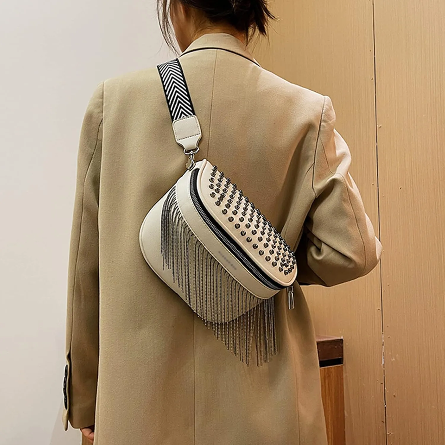 Women Girls Rivet Metal Tassel Faux Leather Fanny Pack Waist Bag Chest Bag Crossbody Shoulder Bag