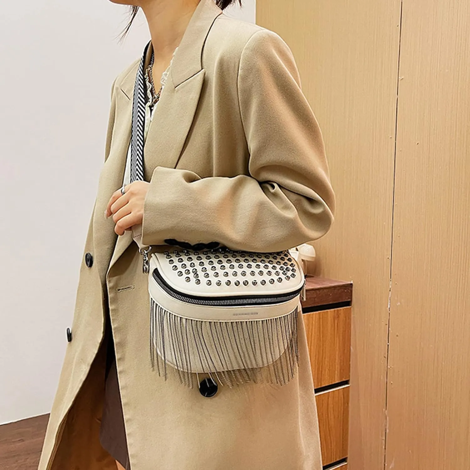 Women Girls Rivet Metal Tassel Faux Leather Fanny Pack Waist Bag Chest Bag Crossbody Shoulder Bag