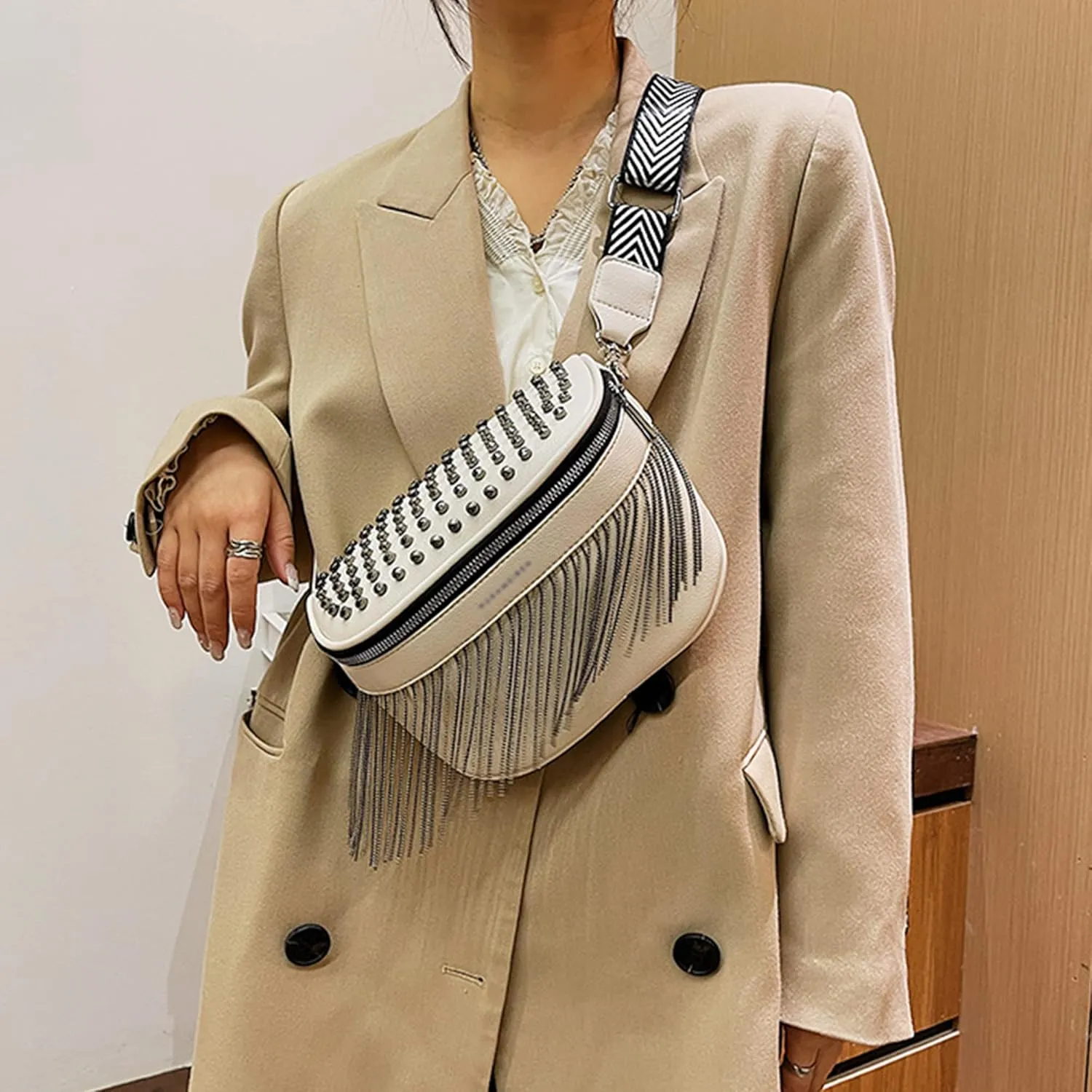 Women Girls Rivet Metal Tassel Faux Leather Fanny Pack Waist Bag Chest Bag Crossbody Shoulder Bag