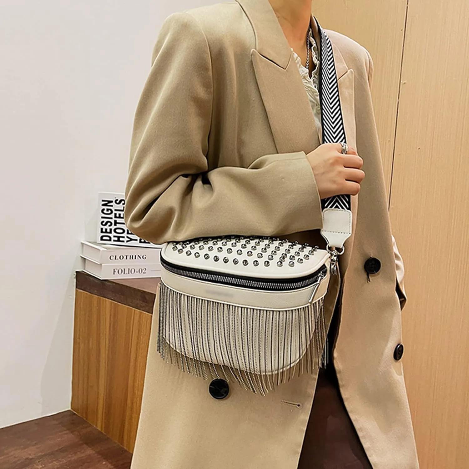 Women Girls Rivet Metal Tassel Faux Leather Fanny Pack Waist Bag Chest Bag Crossbody Shoulder Bag