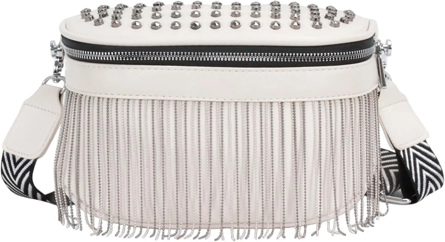 Women Girls Rivet Metal Tassel Faux Leather Fanny Pack Waist Bag Chest Bag Crossbody Shoulder Bag