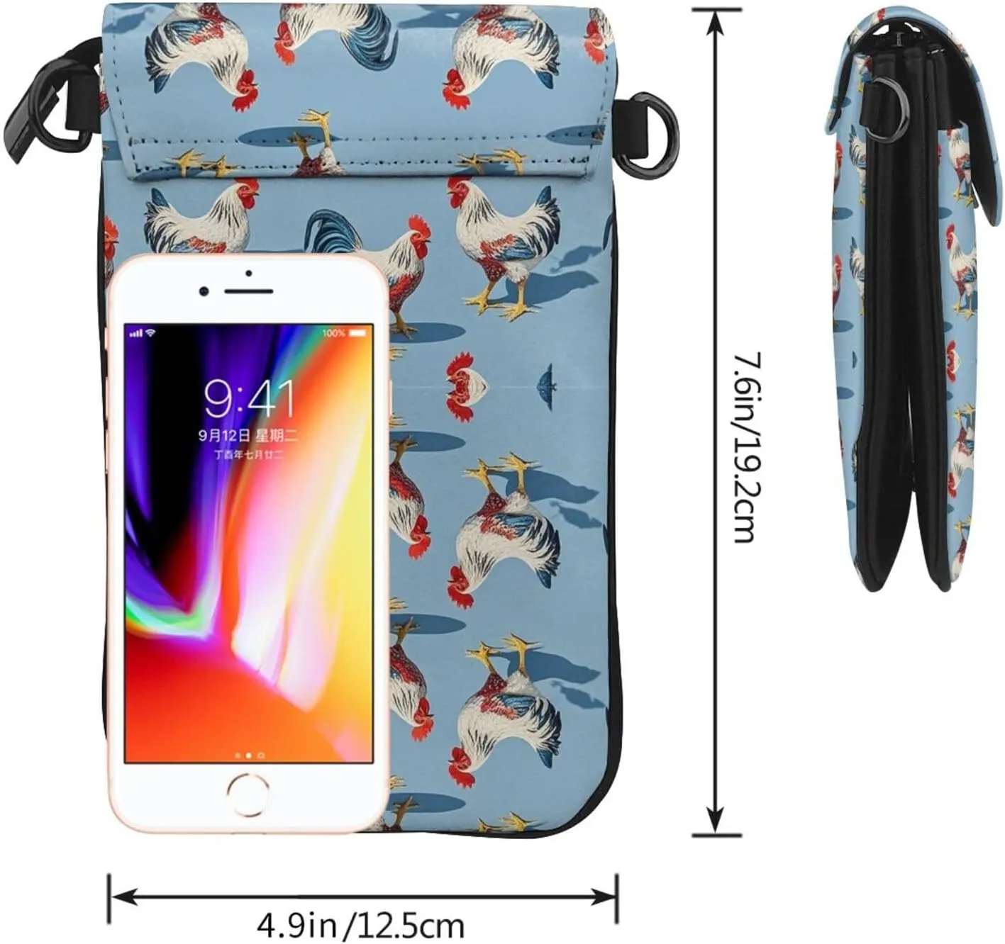 Women Ladies Girls Roomy Pockets Smartphone Neck Travel Wallet Holder Credit Card Jewelry Bag, Water Resistant, Gym Yoga Bag - Rooster Chicken Breeds Art