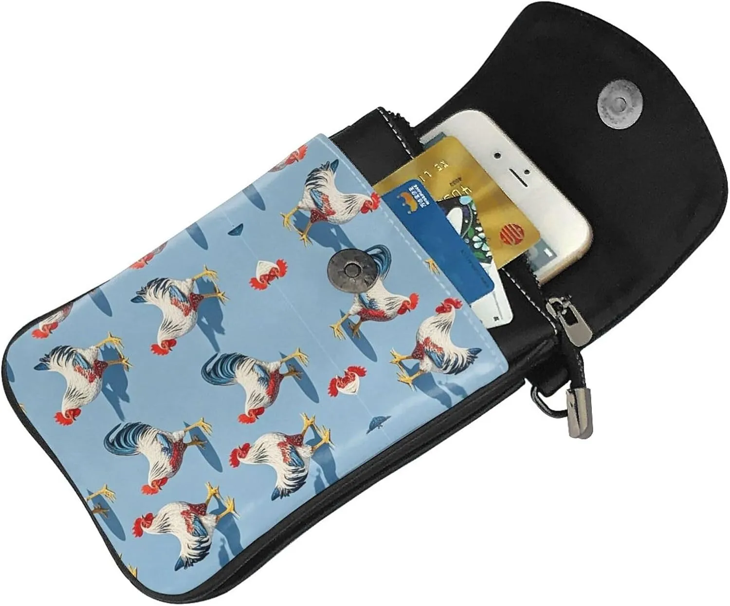 Women Ladies Girls Roomy Pockets Smartphone Neck Travel Wallet Holder Credit Card Jewelry Bag, Water Resistant, Gym Yoga Bag - Rooster Chicken Breeds Art