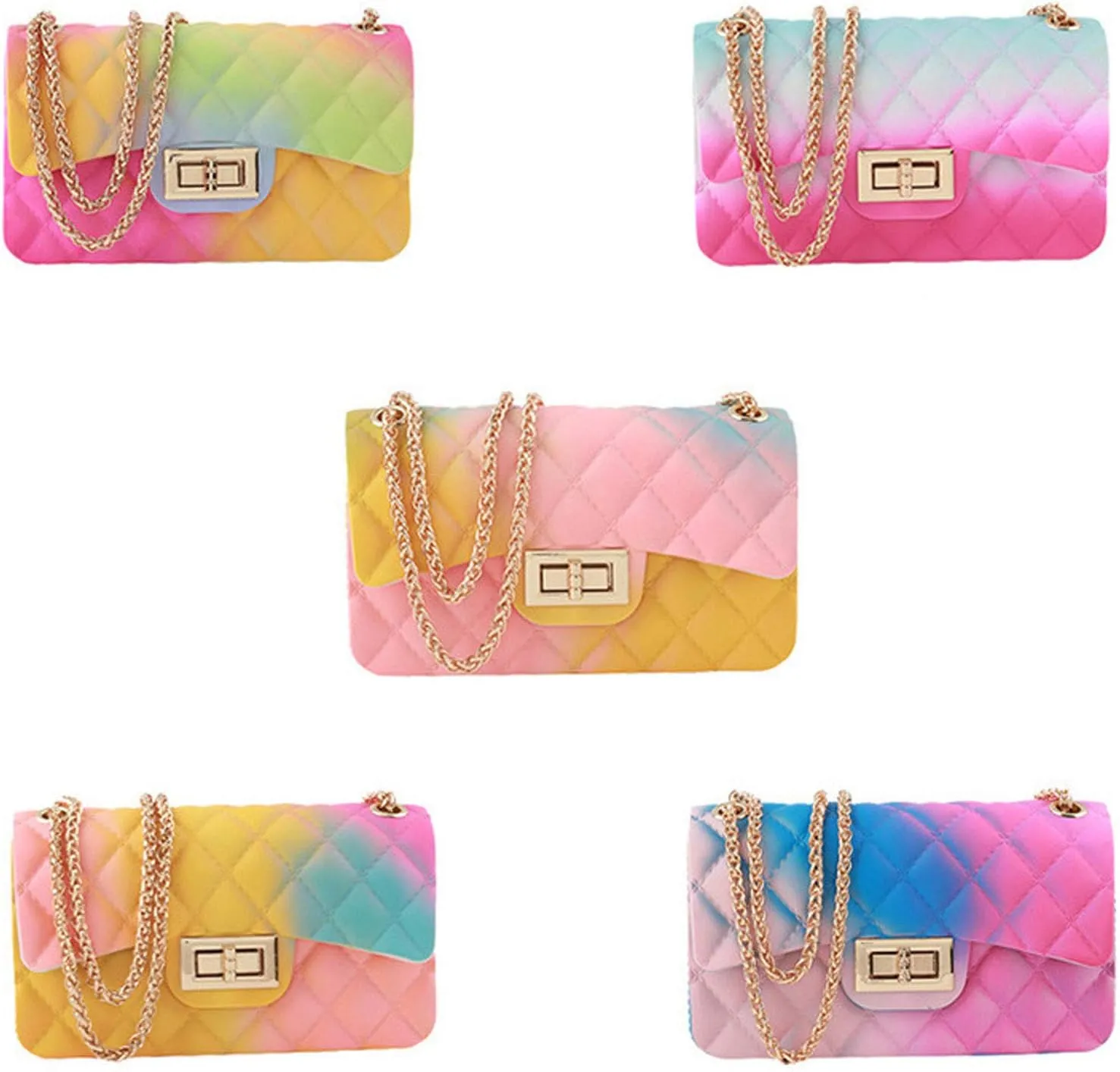 Women Rainbow Handbags Jelly Purse Candy Color Quilted Crossbody Shoulder Bag