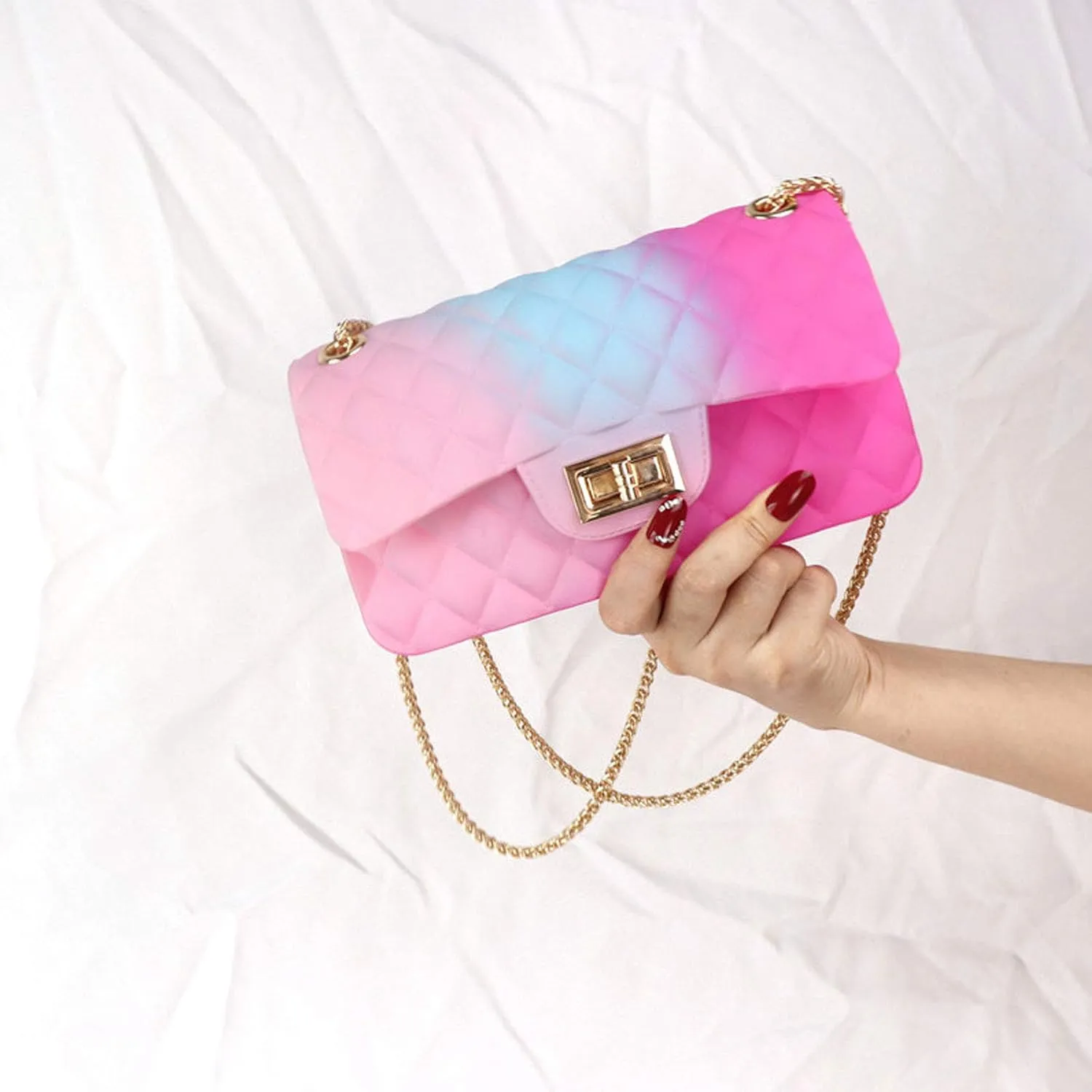 Women Rainbow Handbags Jelly Purse Candy Color Quilted Crossbody Shoulder Bag