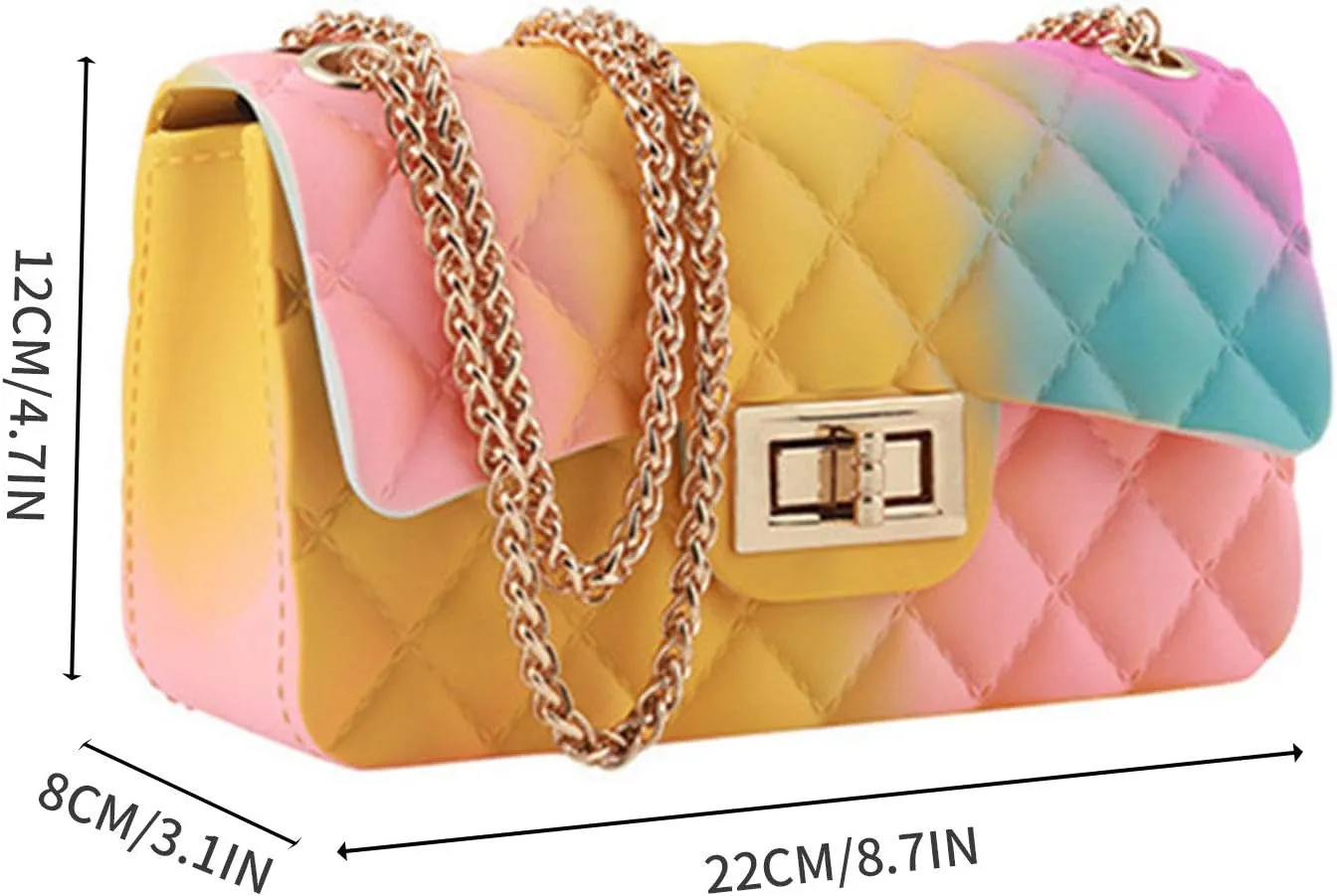Women Rainbow Handbags Jelly Purse Candy Color Quilted Crossbody Shoulder Bag