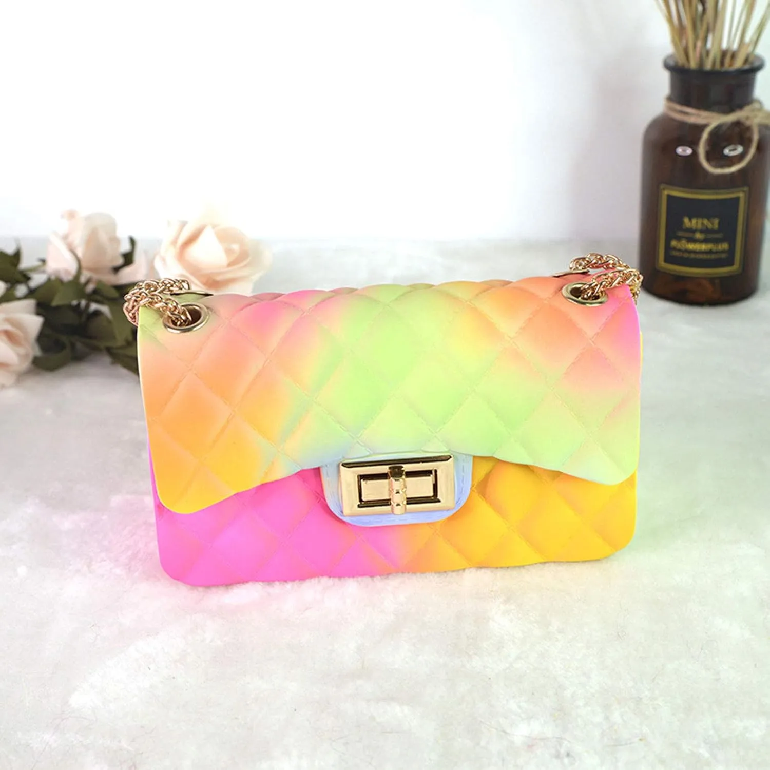 Women Rainbow Handbags Jelly Purse Candy Color Quilted Crossbody Shoulder Bag
