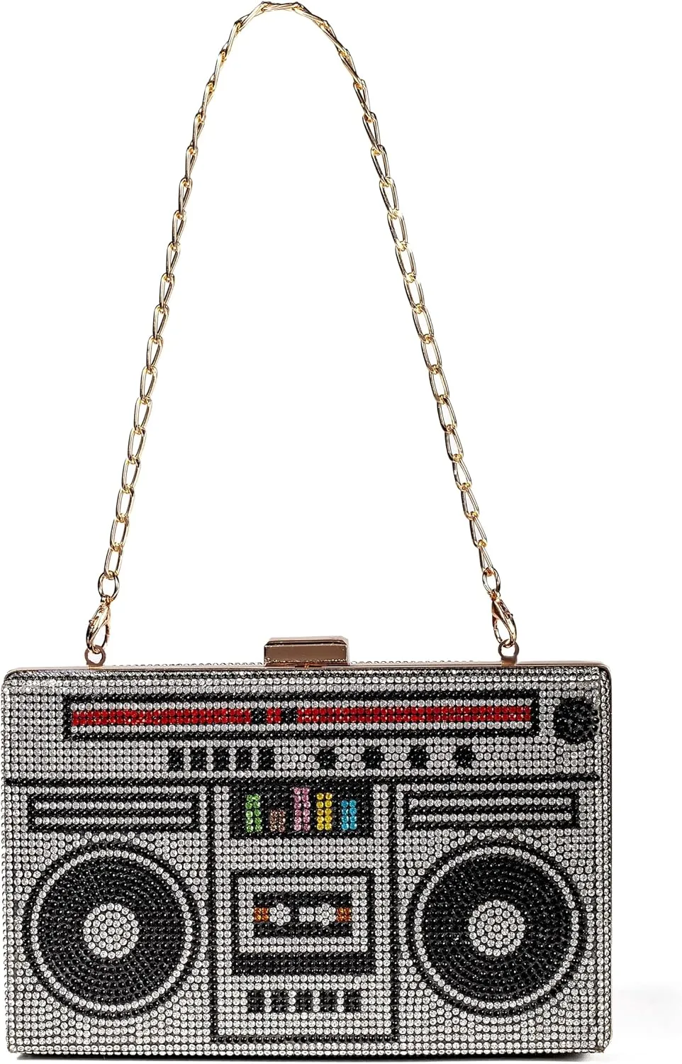 Women Retro Radio Shape Crossbody Bag Rhinestone Metal Vintage Evening Clutch Purses