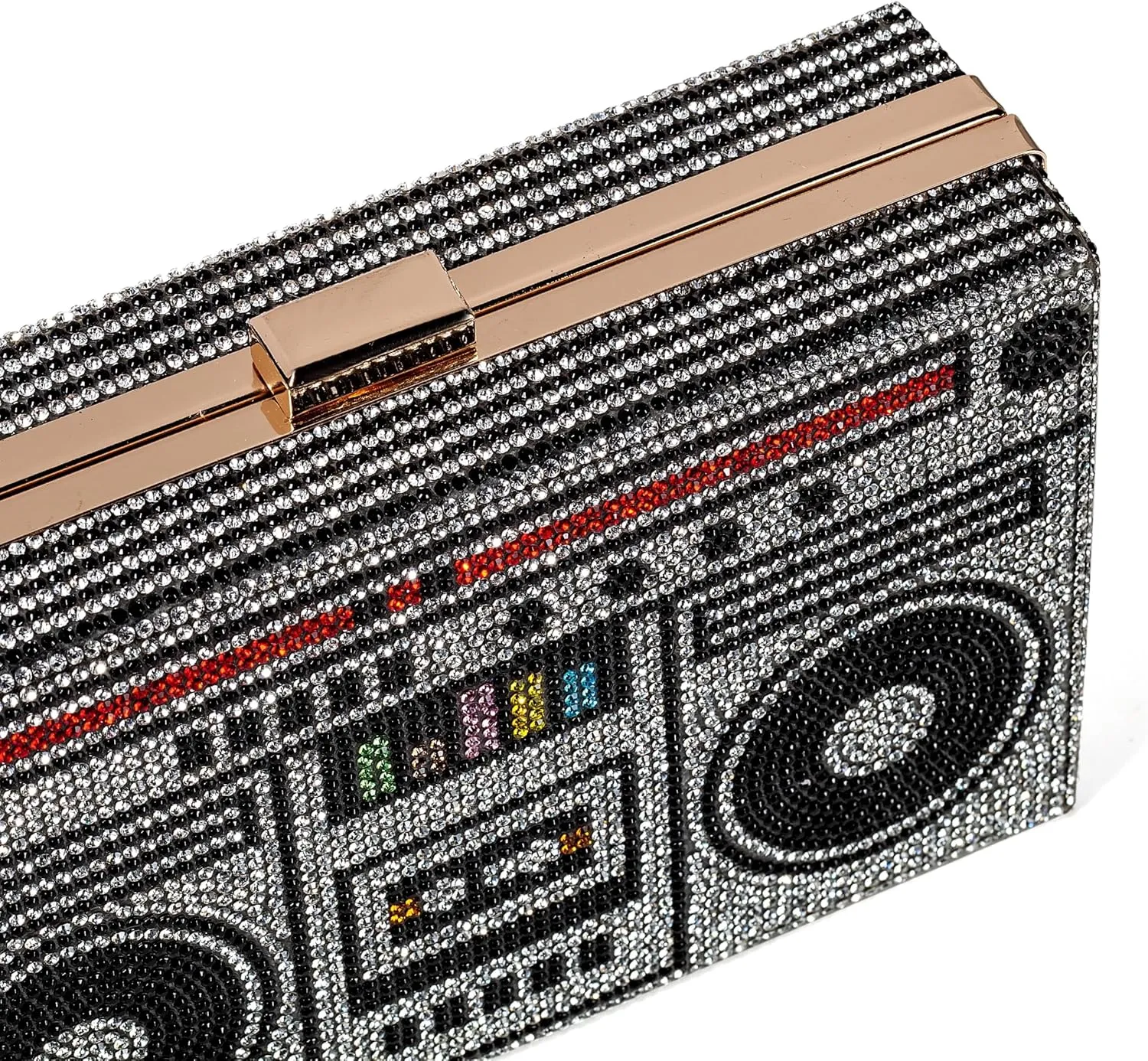 Women Retro Radio Shape Crossbody Bag Rhinestone Metal Vintage Evening Clutch Purses