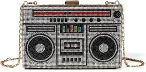 Women Retro Radio Shape Crossbody Bag Rhinestone Metal Vintage Evening Clutch Purses