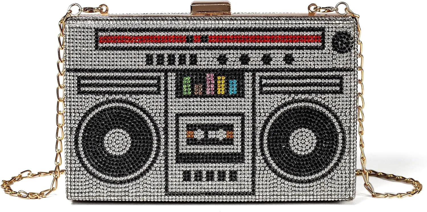 Women Retro Radio Shape Crossbody Bag Rhinestone Metal Vintage Evening Clutch Purses