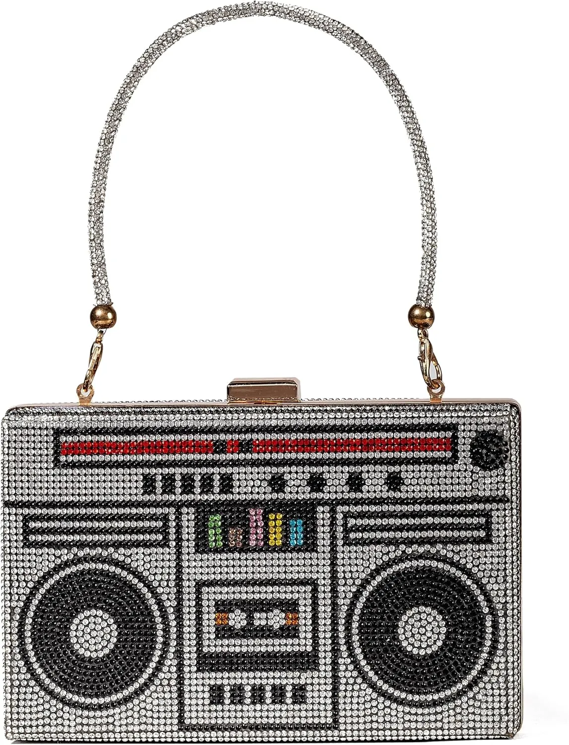 Women Retro Radio Shape Crossbody Bag Rhinestone Metal Vintage Evening Clutch Purses