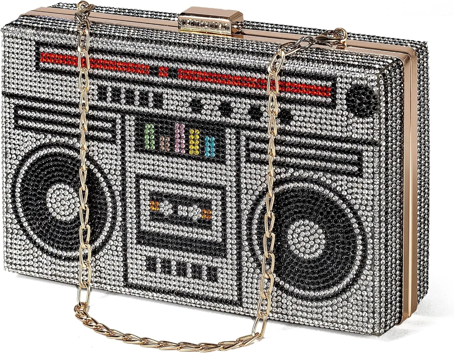 Women Retro Radio Shape Crossbody Bag Rhinestone Metal Vintage Evening Clutch Purses