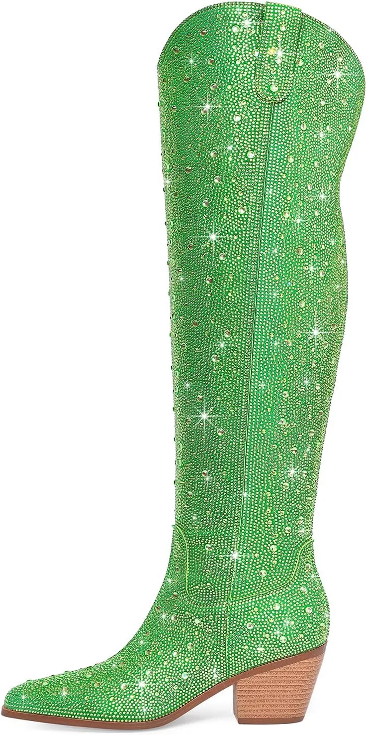 Women Rhinestone Over the Knee Cowboy Boots, Sparkly Bling Cowgirl Boots Western Thigh High Boots Pull-On Side Zippers Chunky Heel Pointed Toe Size5-12 For Fashion&Daily