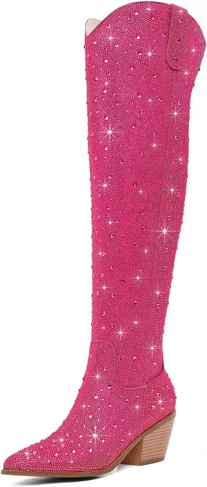 Women Rhinestone Over the Knee Cowboy Boots, Sparkly Bling Cowgirl Boots Western Thigh High Boots Pull-On Side Zippers Chunky Heel Pointed Toe Size5-12 For Fashion&Daily