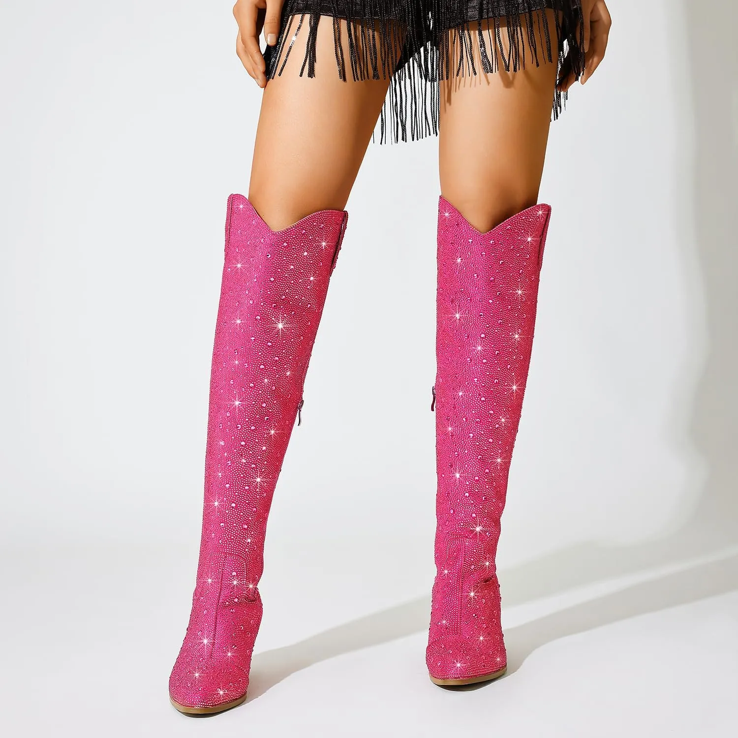 Women Rhinestone Over the Knee Cowboy Boots, Sparkly Bling Cowgirl Boots Western Thigh High Boots Pull-On Side Zippers Chunky Heel Pointed Toe Size5-12 For Fashion&Daily