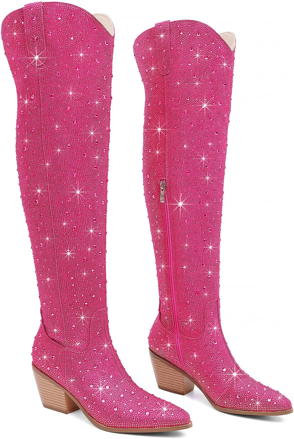 Women Rhinestone Over the Knee Cowboy Boots, Sparkly Bling Cowgirl Boots Western Thigh High Boots Pull-On Side Zippers Chunky Heel Pointed Toe Size5-12 For Fashion&Daily