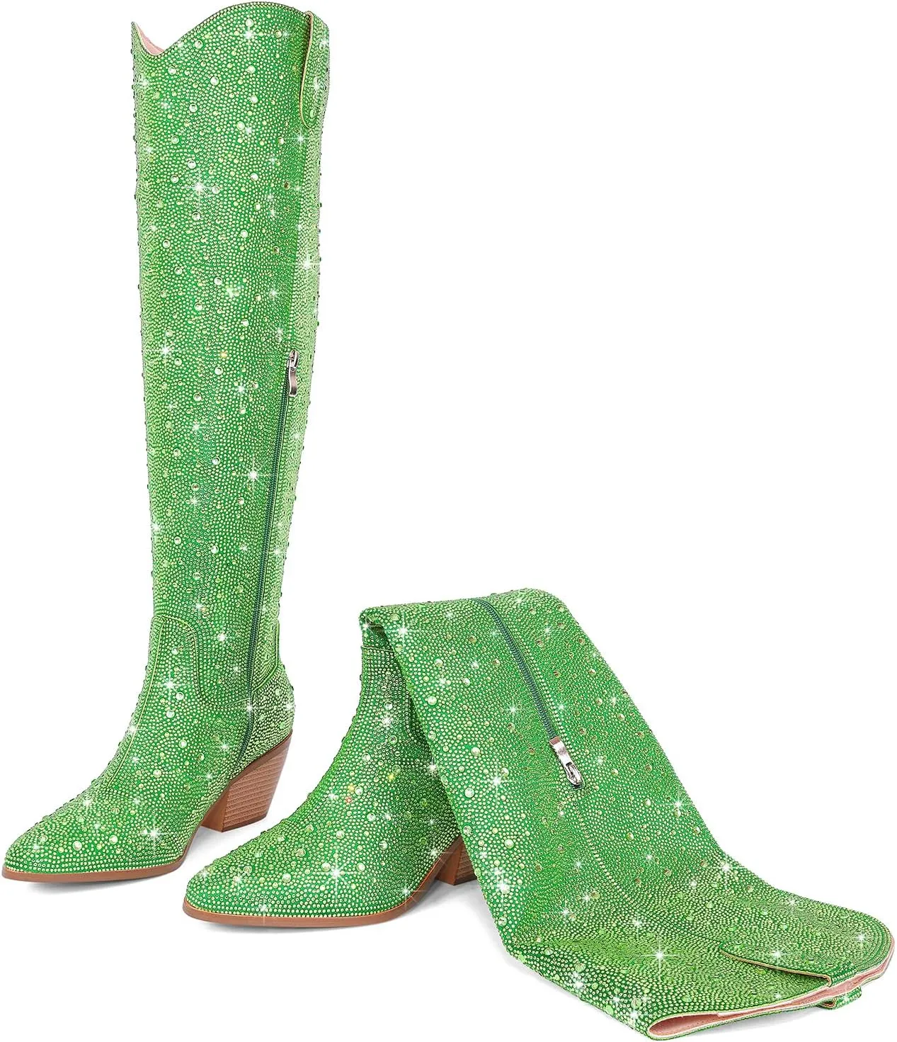 Women Rhinestone Over the Knee Cowboy Boots, Sparkly Bling Cowgirl Boots Western Thigh High Boots Pull-On Side Zippers Chunky Heel Pointed Toe Size5-12 For Fashion&Daily