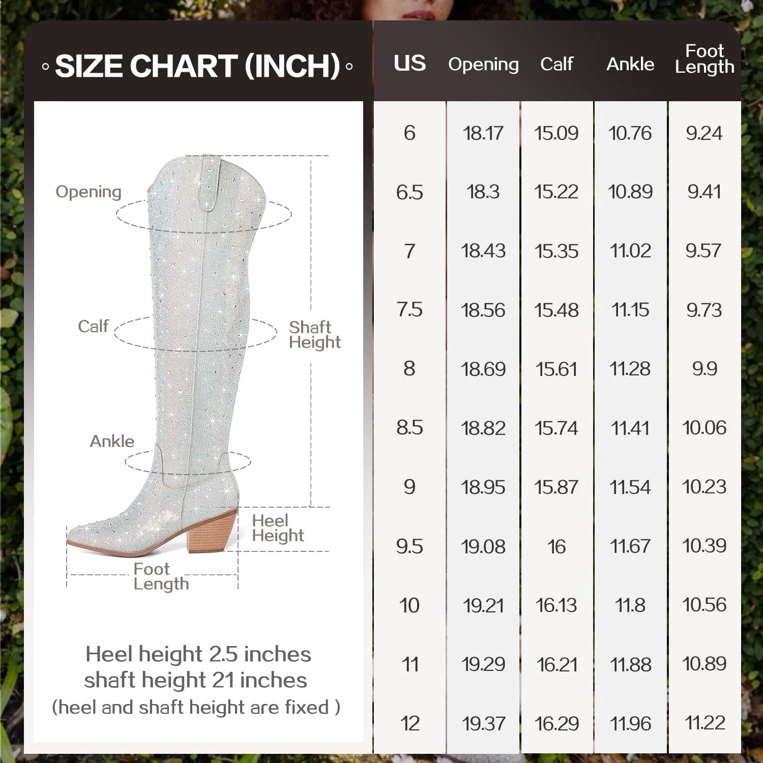 Women Rhinestone Over the Knee Cowboy Boots, Sparkly Bling Cowgirl Boots Western Thigh High Boots Pull-On Side Zippers Chunky Heel Pointed Toe Size5-12 For Fashion&Daily