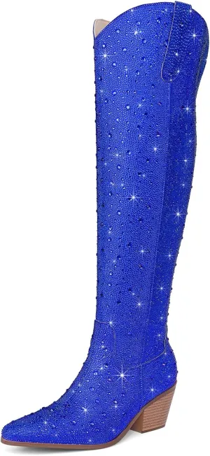 Women Rhinestone Over the Knee Cowboy Boots, Sparkly Bling Cowgirl Boots Western Thigh High Boots Pull-On Side Zippers Chunky Heel Pointed Toe Size5-12 For Fashion&Daily