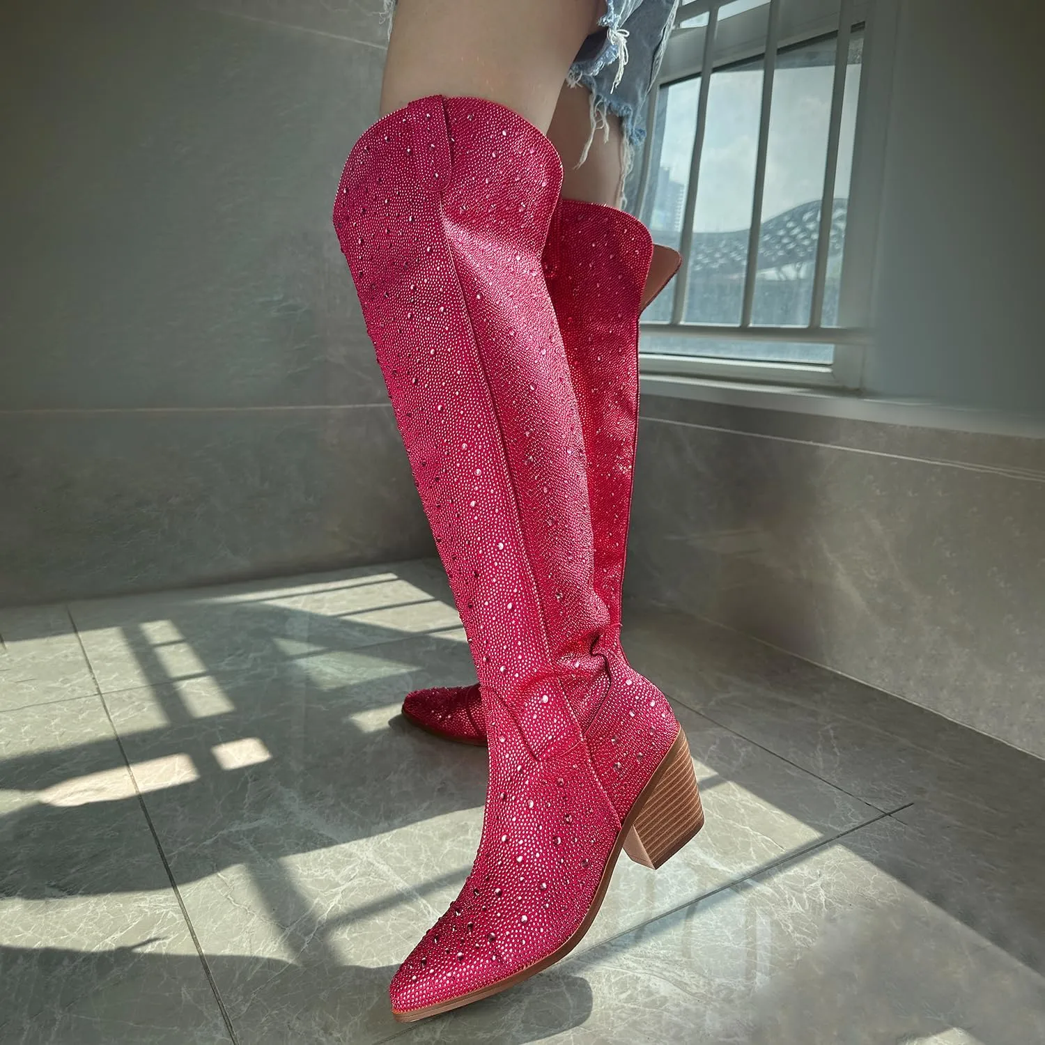 Women Rhinestone Over the Knee Cowboy Boots, Sparkly Bling Cowgirl Boots Western Thigh High Boots Pull-On Side Zippers Chunky Heel Pointed Toe Size5-12 For Fashion&Daily