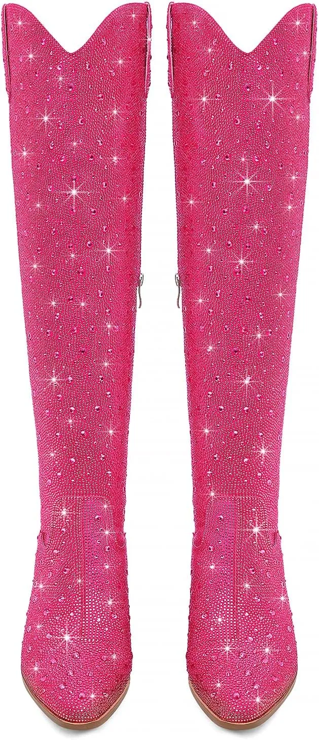Women Rhinestone Over the Knee Cowboy Boots, Sparkly Bling Cowgirl Boots Western Thigh High Boots Pull-On Side Zippers Chunky Heel Pointed Toe Size5-12 For Fashion&Daily