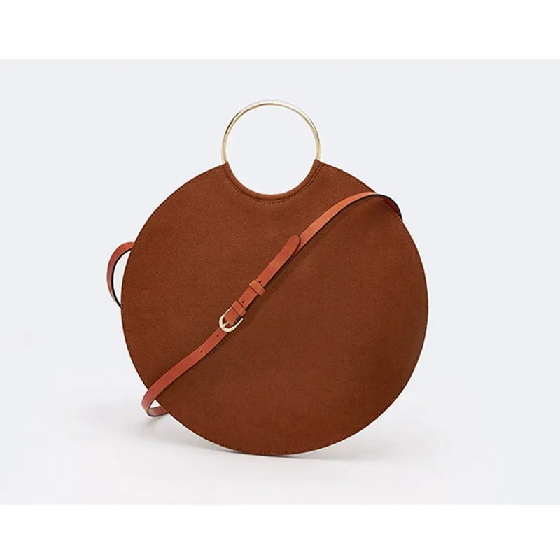 Women Round Circle Bag Fashion Designer Personality Tide Scrub Nubuck Handbag Metal Ring Large Tote Vintage Retro Messenger Bag