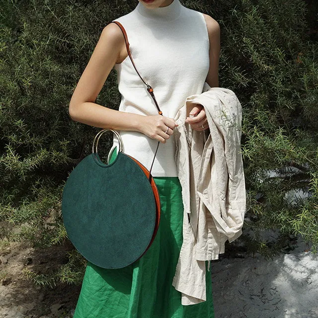 Women Round Circle Bag Fashion Designer Personality Tide Scrub Nubuck Handbag Metal Ring Large Tote Vintage Retro Messenger Bag