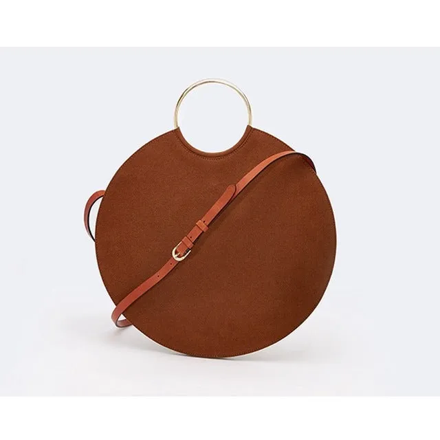 Women Round Circle Bag Fashion Designer Personality Tide Scrub Nubuck Handbag Metal Ring Large Tote Vintage Retro Messenger Bag
