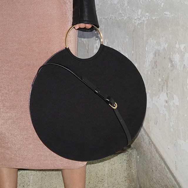Women Round Circle Bag Fashion Designer Personality Tide Scrub Nubuck Handbag Metal Ring Large Tote Vintage Retro Messenger Bag
